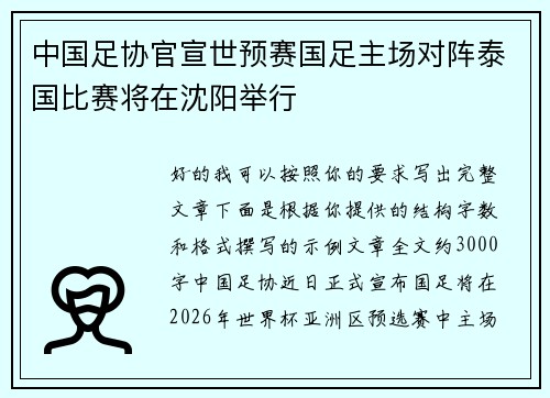 中国足协官宣世预赛国足主场对阵泰国比赛将在沈阳举行